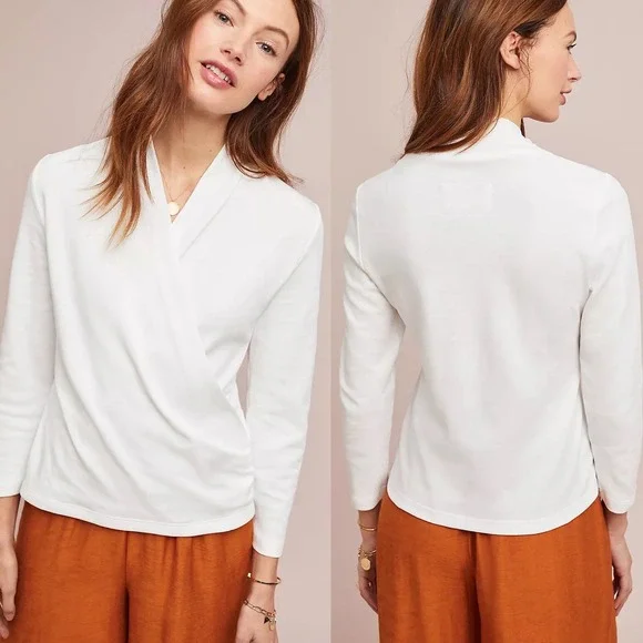 Anthropologie Maeve‎ Curran White Long Sleeve Top Womens Size XS Faux Wrap Boho - Picture 2 of 16